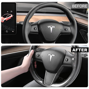 EVbase Model 3 Y Steering Wheel Trim Cover ABS Tesla Interior Accessories Glossy Carbon Fiber Pattern Half Surround