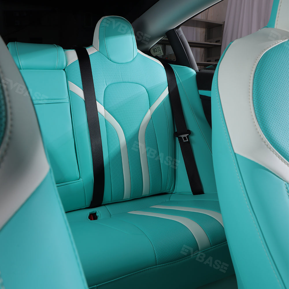 Tesla Model 3 Y Seat Covers Breathable NAPPA Leather Seat Protector Tiffany Blue & White All Set