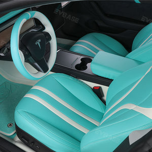 Tesla Model 3 Y Seat Covers Breathable NAPPA Leather Seat Protector Tiffany Blue & White All Set