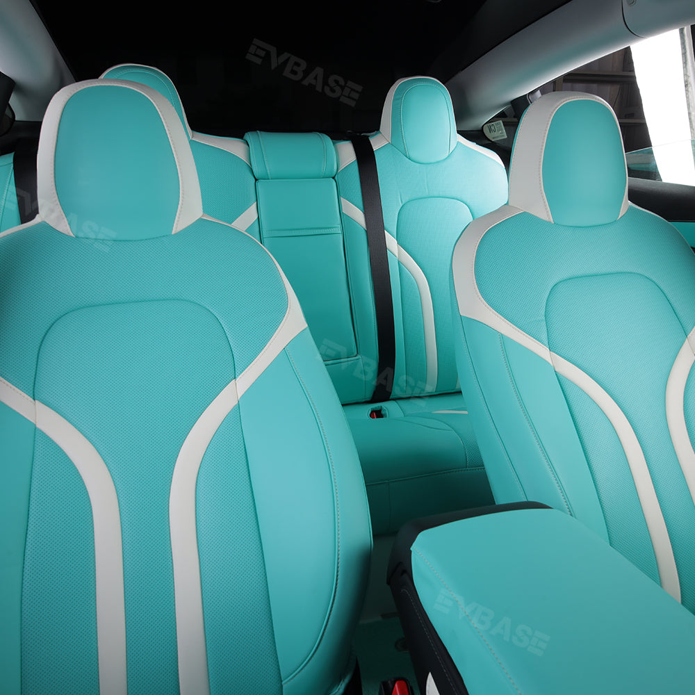 Tesla Model 3 Y Seat Covers Breathable NAPPA Leather Seat Protector Tiffany Blue & White All Set