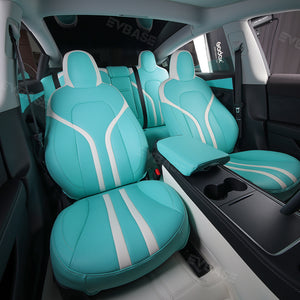 Tesla Model 3 Y Seat Covers Breathable NAPPA Leather Seat Protector Tiffany Blue & White All Set