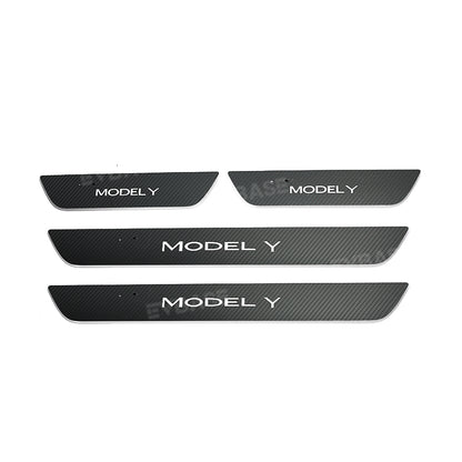 Tesla Model Y 3 Illuminated Door Sill Covers LED Light Trim Protector Carbon Fiber Style