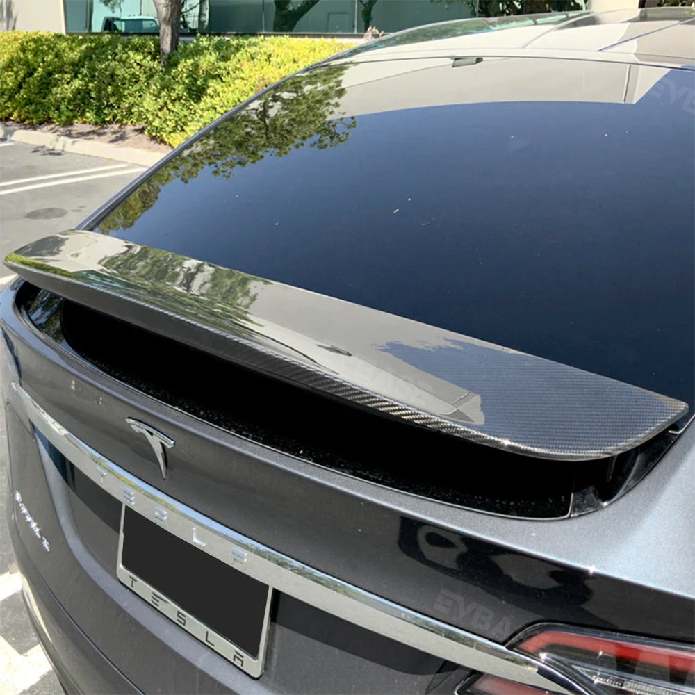 EVBASE Tesla Model X Spoiler Wing Overlay Real Carbon Fiber Wrap Cover Rear Lip Spoiler Trunk Lid