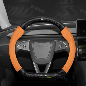 Tesla Model 3 Highland Steering Wheel Cover Wrap Breathable Anti-Slip Perforated Leather Wet Carbon Fiber