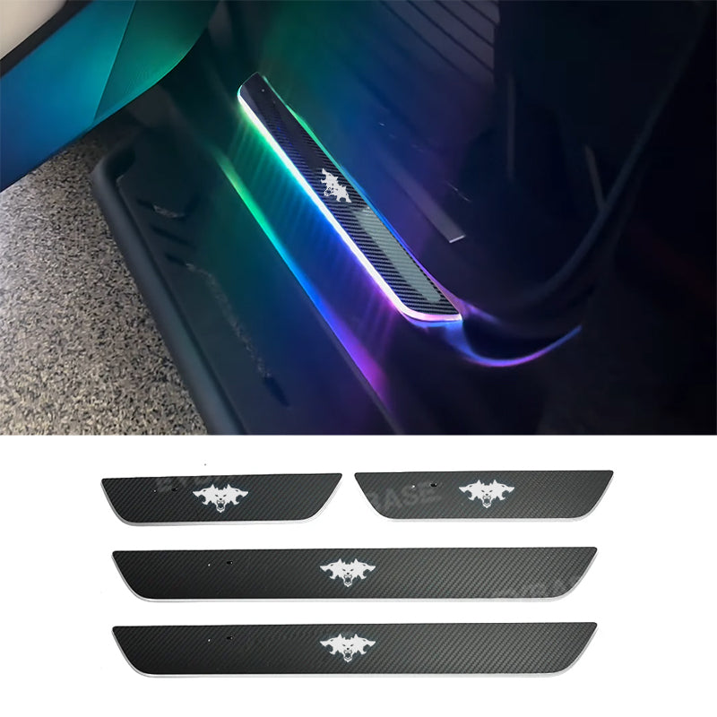 Tesla Cybertruck Door Sill Protector LED Trim Plates Welcome Pedals Carbon Fiber Pattern With Cybertruck Graffiti / Cyberbeast Logo