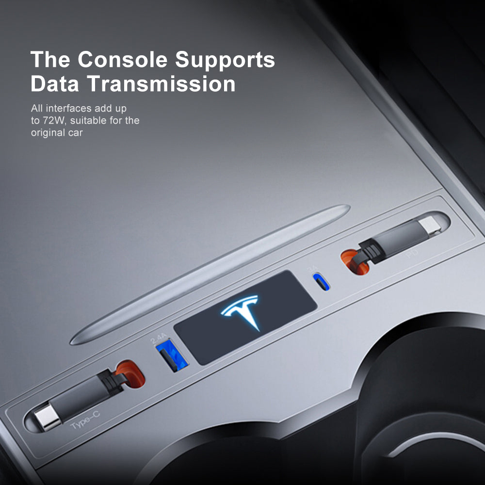 Tesla Model 3 Model Y USB Hub Adapter With Retractable Data Cable Multiport Center Console Adapter