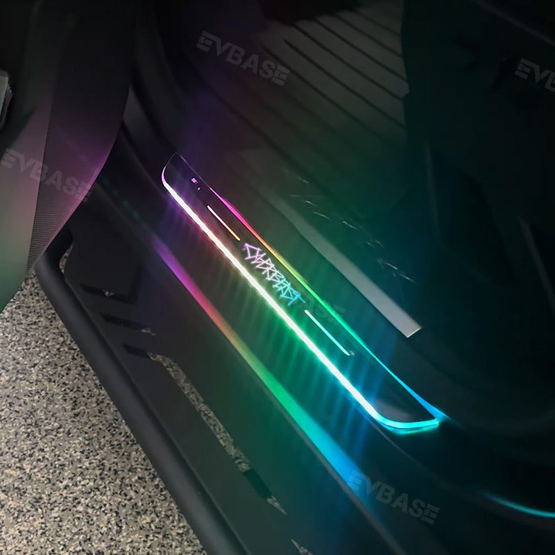 Tesla Cybertruck Illuminated Door Sill Protectors With Cyberbeast Graffiti Logo Welcome Pedal Plates LED Lights