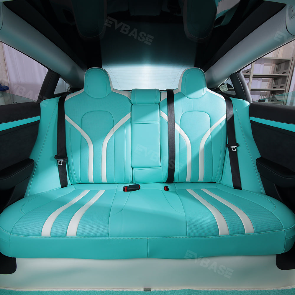 Tesla Model 3 Y Seat Covers Breathable NAPPA Leather Seat Protector Tiffany Blue & White All Set