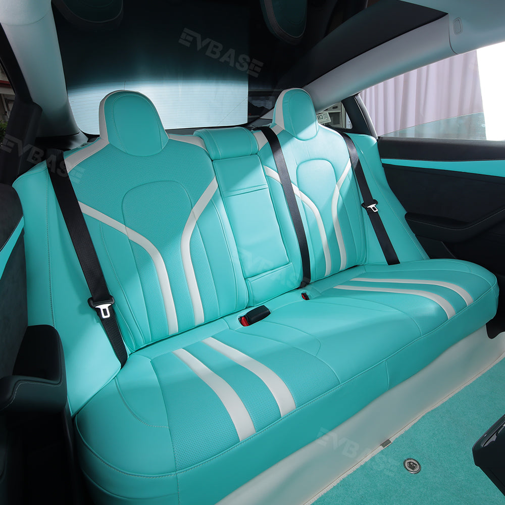 Tesla Model 3 Y Seat Covers Breathable NAPPA Leather Seat Protector Tiffany Blue & White All Set