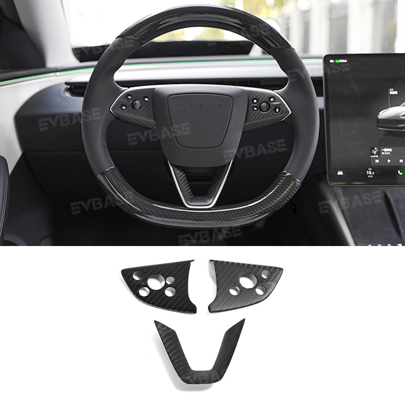 EVBASE Tesla Model 3 Highland Steering Wheel Cover Cap Real Carbon Fiber Decorative Trim Overlay