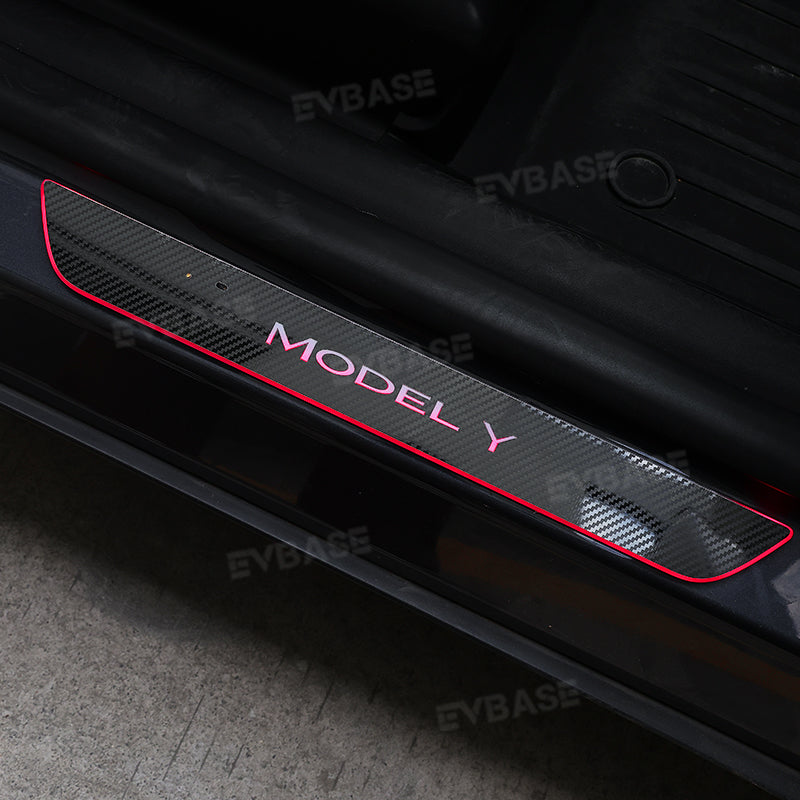 Tesla Model Y 3 Illuminated Door Sill Covers LED Light Trim Protector Carbon Fiber Style