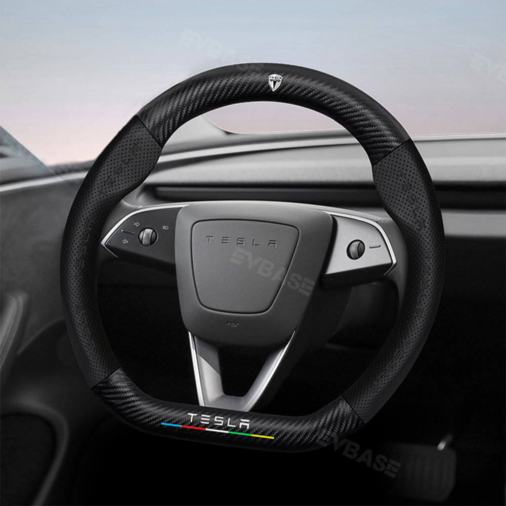 Tesla Model 3 Highland Steering Wheel Cover Wrap Breathable Anti-Slip Perforated Leather Wet Carbon Fiber