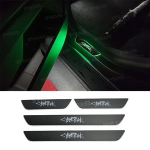 Tesla Cybertruck Door Sill Protector LED Trim Plates Welcome Pedals Carbon Fiber Pattern With Cybertruck Graffiti / Cyberbeast Logo