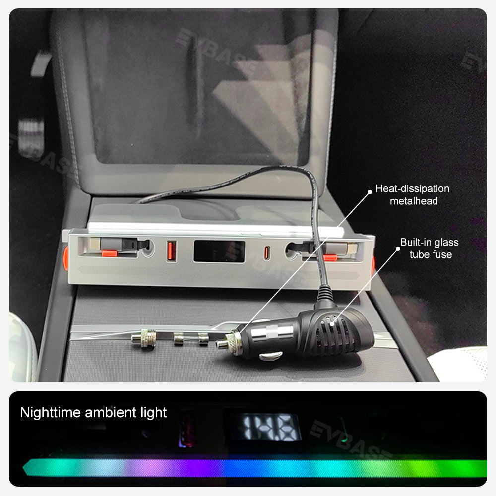 EVBASE Tesla Model 3 Highland USB Hub Adapter Docking Station Center Console With Retractable Charging Cables LED Ambient Light