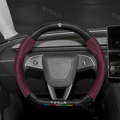 Tesla Model 3 Highland Steering Wheel Cover Wrap Breathable Anti-Slip Perforated Leather Wet Carbon Fiber