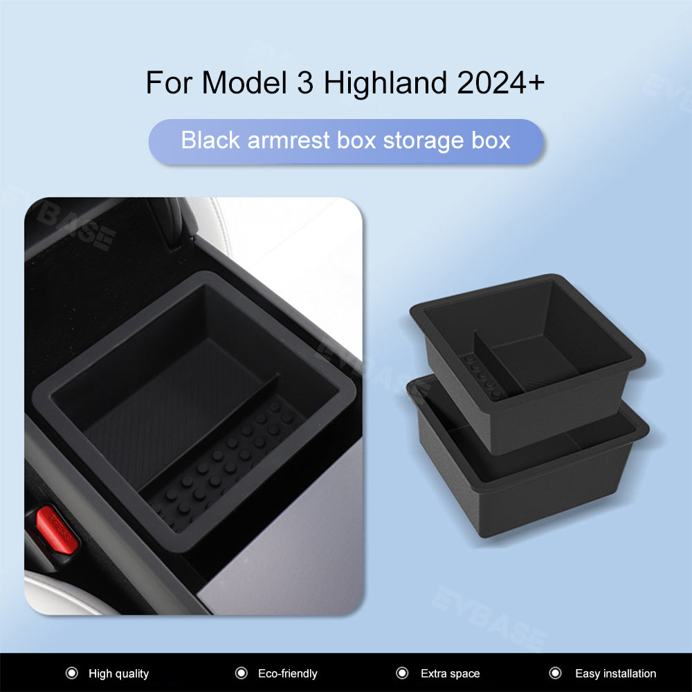 EVBASE Tesla Model 3 Highland Storage Box Double Layer Center Console Armrest Box Organizer Tray Silicone Liner