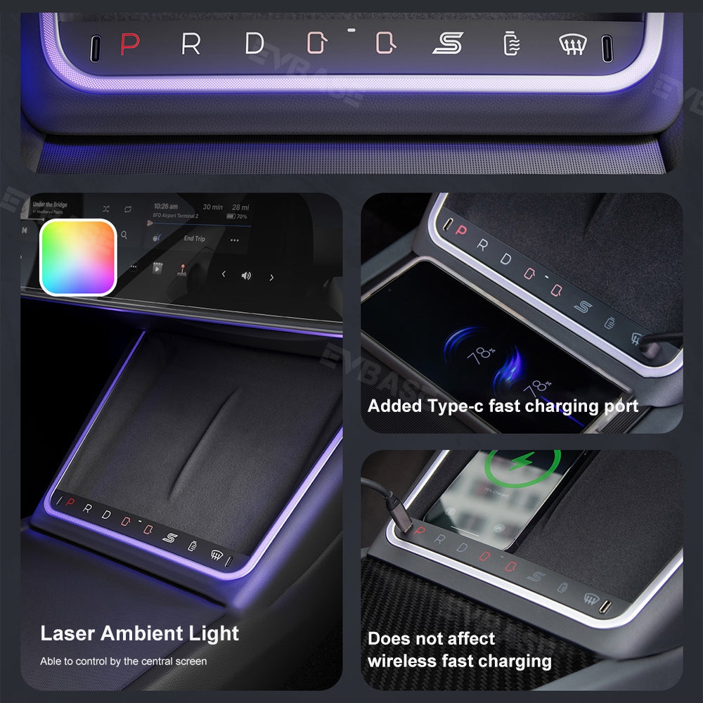 Tesla Model 3 Highland Wireless Charging Expansion Dock Center Console With Ambient Light Quick Buttons