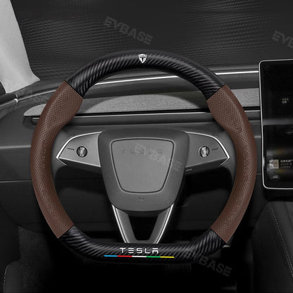 Tesla Model 3 Highland Steering Wheel Cover Wrap Breathable Anti-Slip Perforated Leather Wet Carbon Fiber