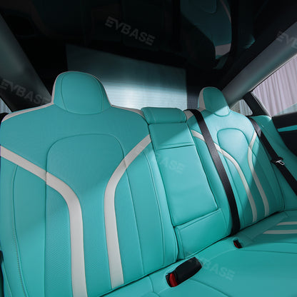 Tesla Model 3 Y Seat Covers Breathable NAPPA Leather Seat Protector Tiffany Blue & White All Set