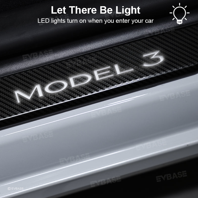 Tesla Model 3 Highland Illuminated Door Sills Covers Plates Protector LED Strip Welcome Pedal EVBASE