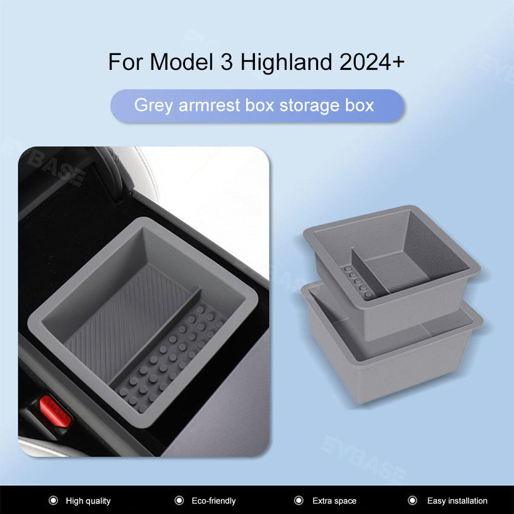 EVBASE Tesla Model 3 Highland Storage Box Double Layer Center Console Armrest Box Organizer Tray Silicone Liner