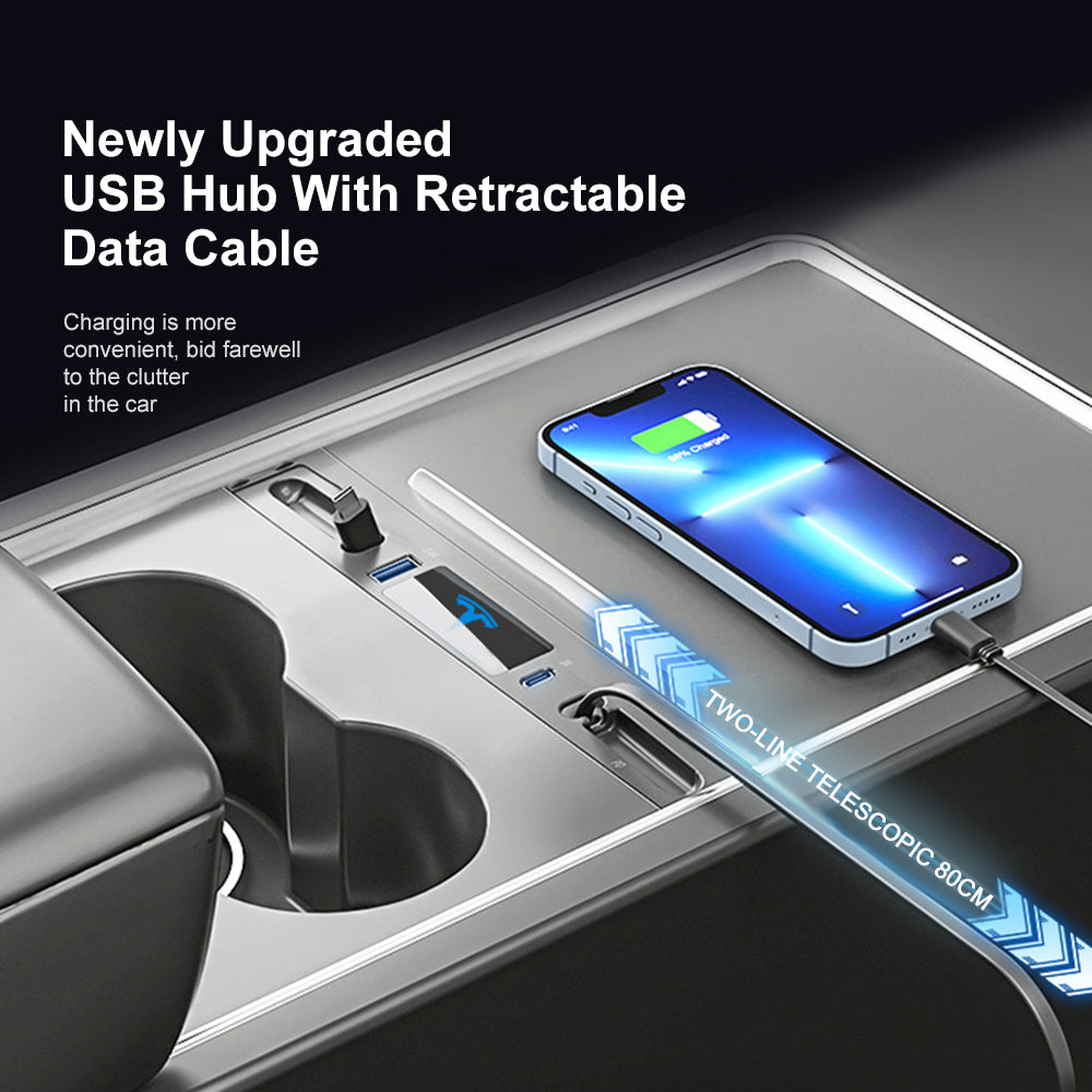 Tesla Model 3 Model Y USB-Hub-Adapter mit Umgebungslicht 4-in-1-Multiport-Mittelkonsolenadapter Tesla-Zubehör