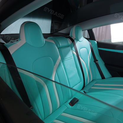 Tesla Model 3 Y Seat Covers Breathable NAPPA Leather Seat Protector Tiffany Blue & White All Set