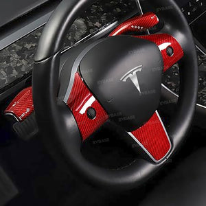 Tesla Model 3 Y Red Carbon Fiber Steering Wheel Trim Gear Shift Column Cover Real Carbon Fiber Decoration (Set of 5)