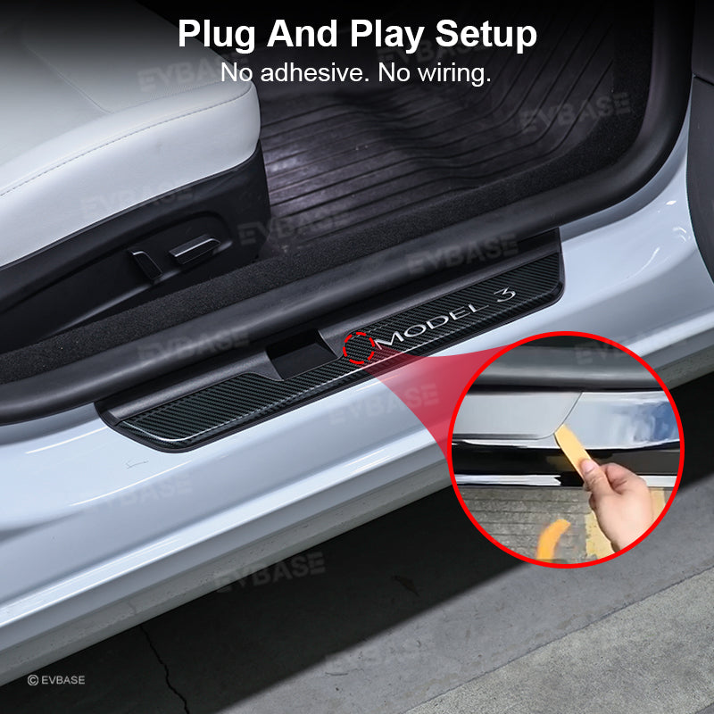 Tesla Model 3 Highland Illuminated Door Sills Covers Plates Protector LED Strip Welcome Pedal EVBASE