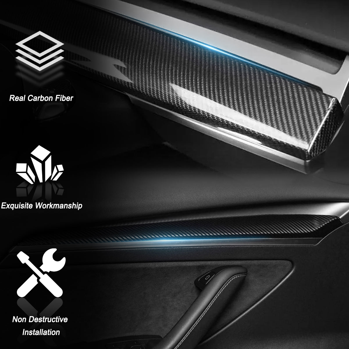 EVBASE Real Carbon Fiber Tesla Dashboard Front Door Cover Trim para el modelo 3 Y