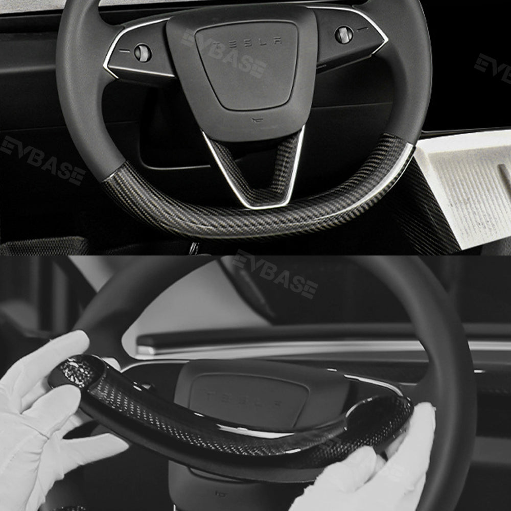 EVBASE Tesla Model 3 Highland Steering Wheel Covers Real Carbon Fiber Grip Upper Lower Parts Overlay