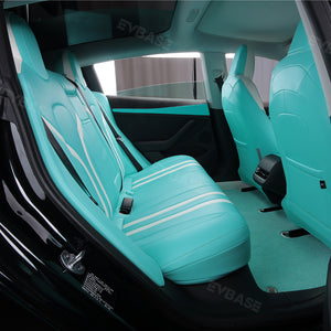 Tesla Model 3 Y Seat Covers Breathable NAPPA Leather Seat Protector Tiffany Blue & White All Set