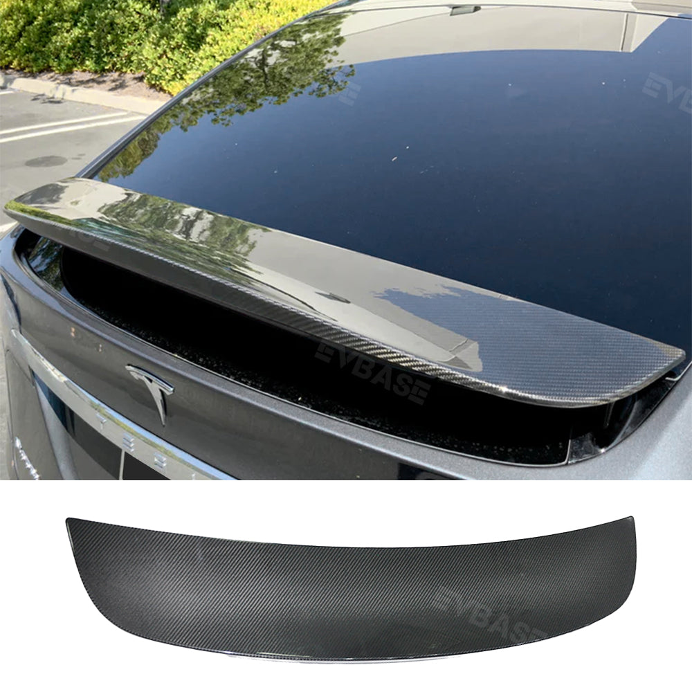 EVBASE Tesla Model X Spoiler Wing Overlay Real Carbon Fiber Wrap Cover Rear Lip Spoiler Trunk Lid