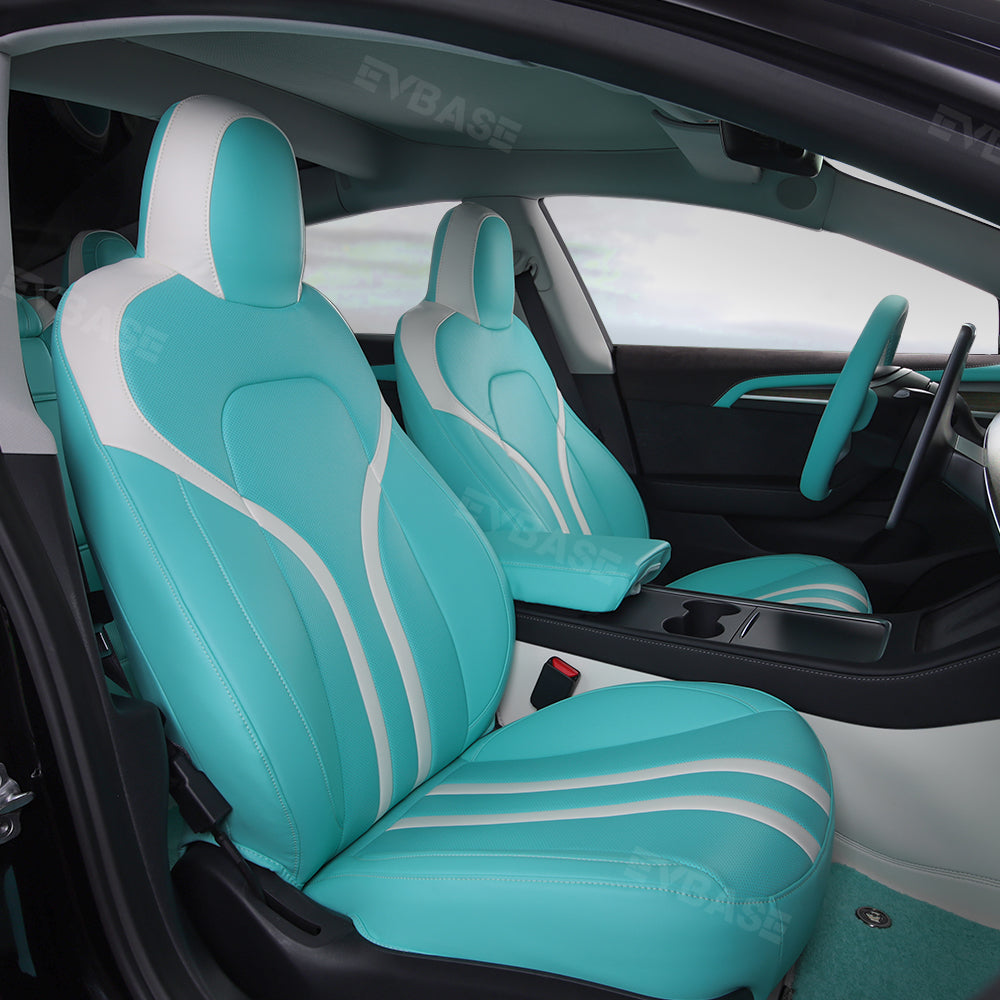 Tesla Model 3 Y Seat Covers Breathable NAPPA Leather Seat Protector Tiffany Blue & White All Set