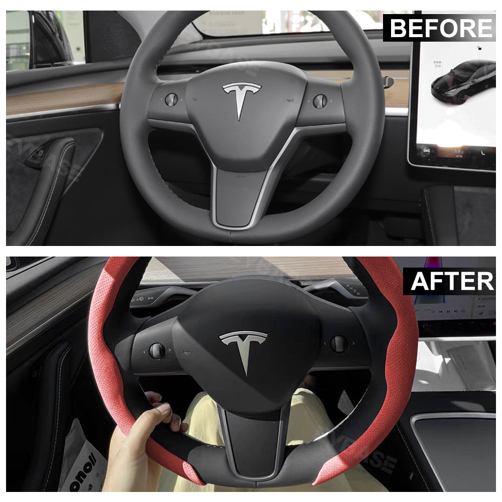 Tesla Model 3 Y Steering Wheel Cover Leather Breathable Non-Slip Protector Steering Wheel Wrap Kit