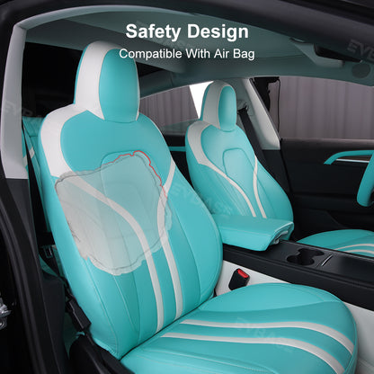 Tesla Model 3 Y Seat Covers Breathable NAPPA Leather Seat Protector Tiffany Blue & White All Set