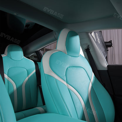 Tesla Model 3 Y Seat Covers Breathable NAPPA Leather Seat Protector Tiffany Blue & White All Set