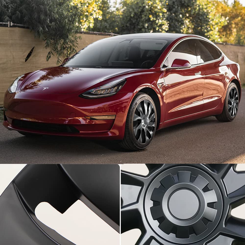 EVBASE 4PCS Tesla Model 3 Wheel Covers 18inch Model 3 Überturbine For 2017-2023 Tesla 3 18inch Turbine Wheel Cap Kit Matte Black