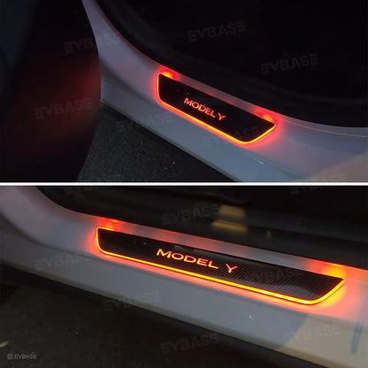 Tesla Model Y 3 Illuminated Door Sill Covers LED Light Trim Protector Carbon Fiber Style