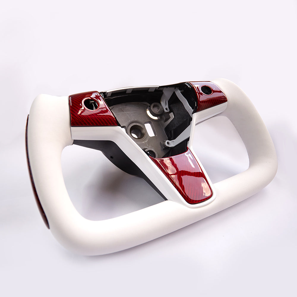 New EVBASE Tesla Model 3 Y Red Carbon Fiber Yoke Steering Wheel