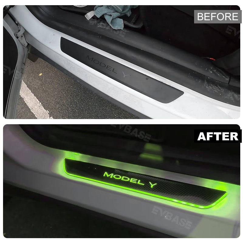 Tesla Model Y 3 Illuminated Door Sill Covers LED Light Trim Protector Carbon Fiber Style