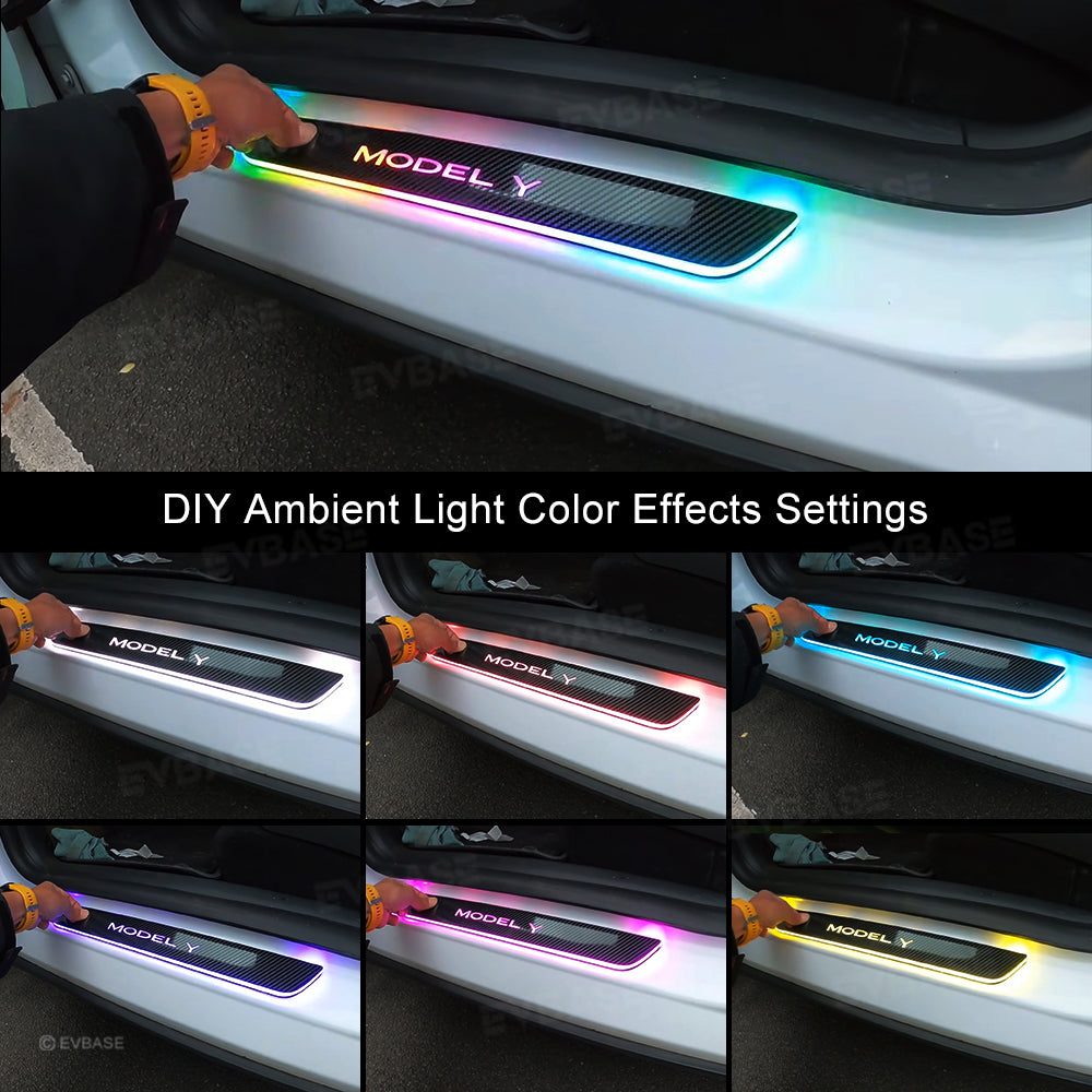 Tesla Model Y 3 Illuminated Door Sill Covers LED Light Trim Protector Carbon Fiber Style