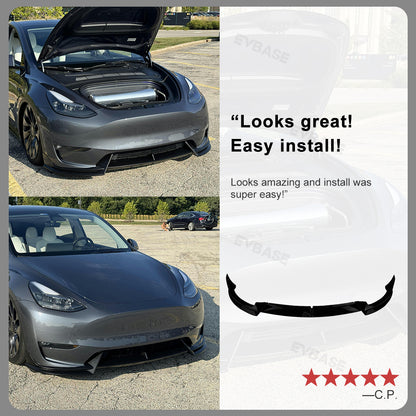 EVBASE Tesla Model Y Front Bumper Lip Fascia Front Lip Spoiler ABS Sport Body Kit Front Apron Model 3