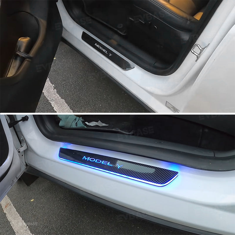 Tesla Model Y 3 Illuminated Door Sill Covers LED Light Trim Protector Carbon Fiber Style