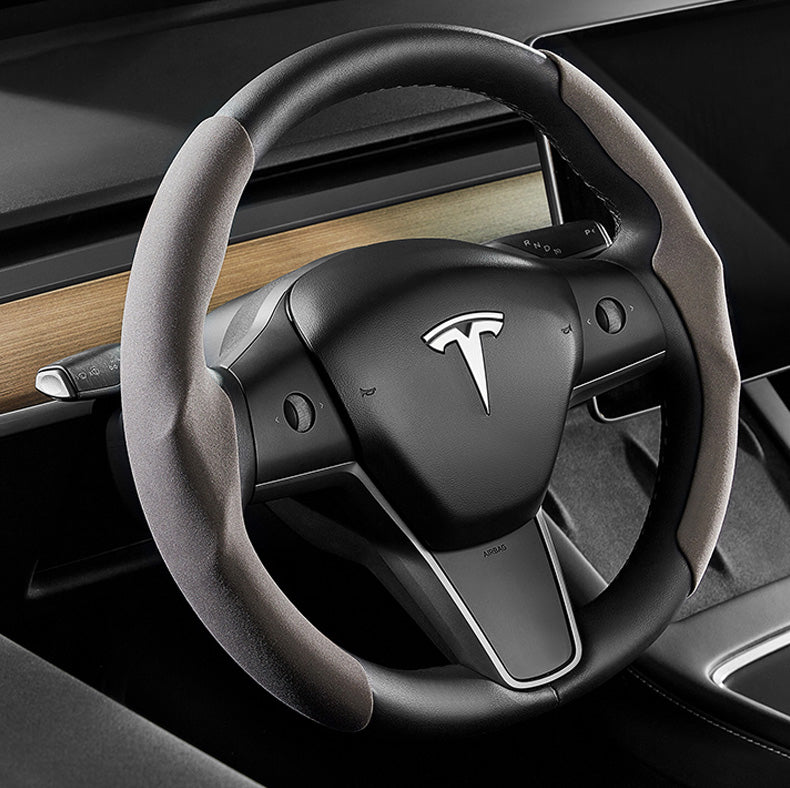 EVBASE Tesla Steering Wheel Cover Suede Alcantara Material Custom For Model 3 Y