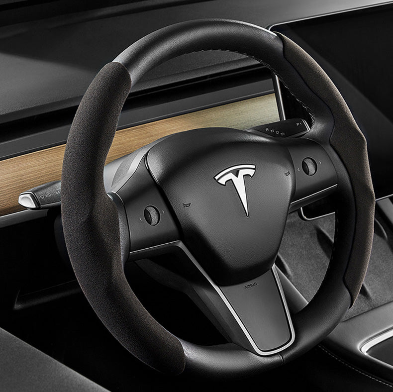 EVBASE Tesla Steering Wheel Cover Suede Alcantara Material Custom For Model 3 Y